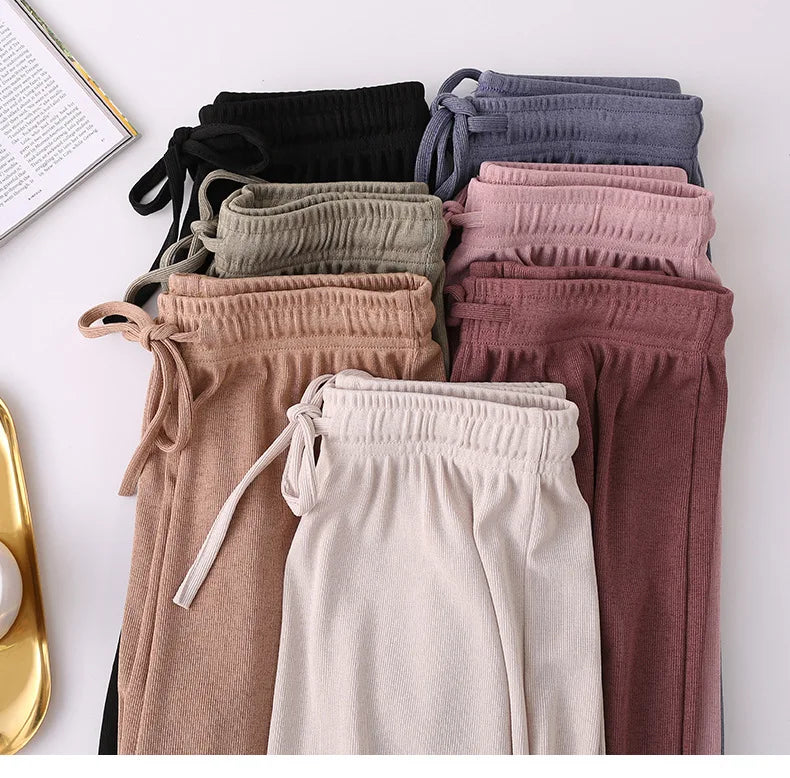 Women Long Pants Spring Summer Straight Long Elastic Waist Wide Leg women long trousers Casual Soft Knitted Pants