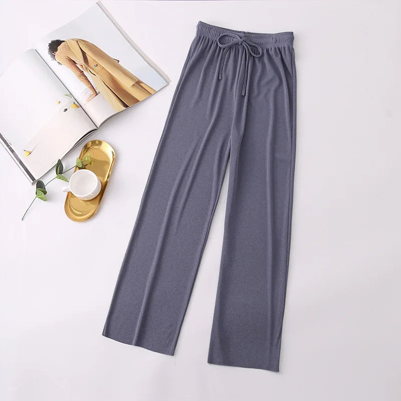 Women Long Pants Spring Summer Straight Long Elastic Waist Wide Leg women long trousers Casual Soft Knitted Pants