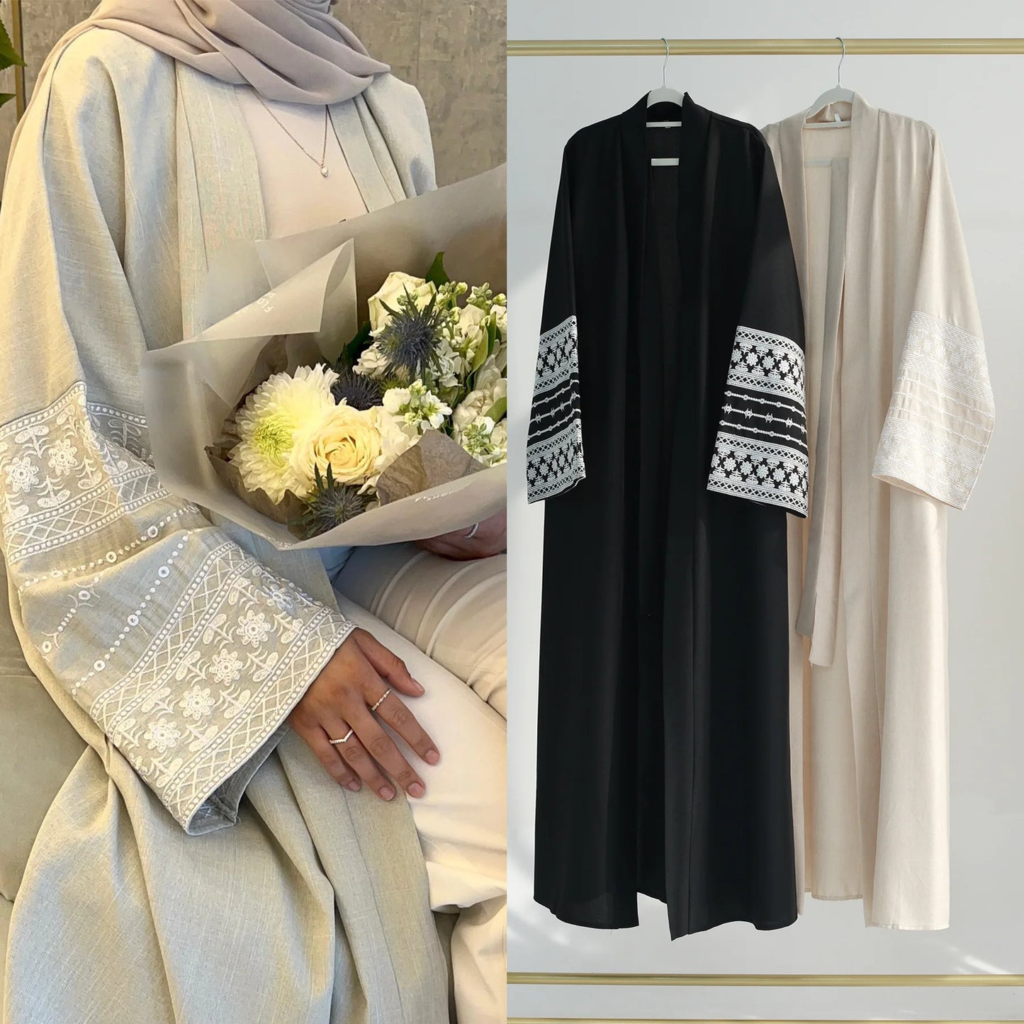 Fashion Embroidery Kimono Oversized Muslim Robe Syari Female Full Length Muslim Outerwear Worship Service Abaya With Belt wy1946
