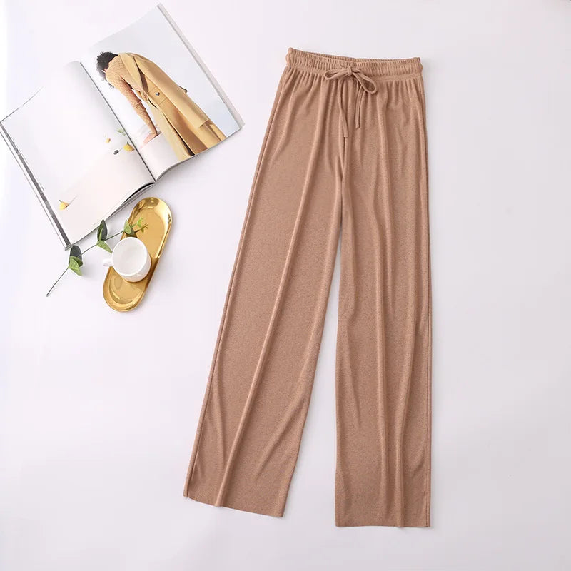 Women Long Pants Spring Summer Straight Long Elastic Waist Wide Leg women long trousers Casual Soft Knitted Pants