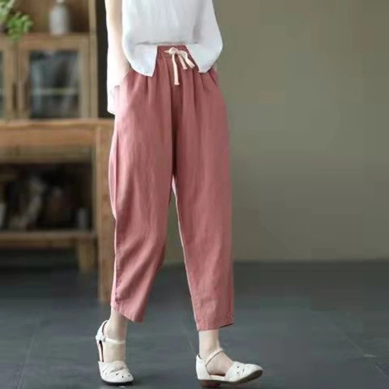 Solid Color Cotton and Linen Pants for Woman Vintage Loose Streetwear Harem Trousers Female Casual High Waist Drawstring Pants