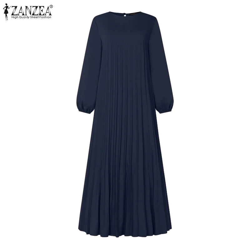 ZANZEA Islamic Hijab Women Abaya Robe Elegant Muslim Fashion O Neck Solid Pleated Dress Spring 2025 Casual Loose A-line Vestidos