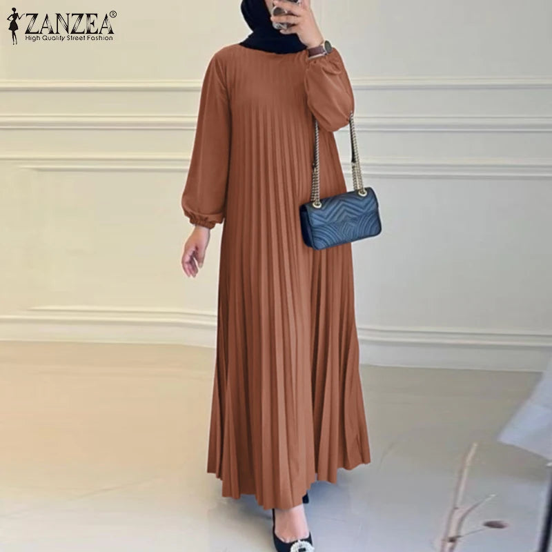 ZANZEA Islamic Hijab Women Abaya Robe Elegant Muslim Fashion O Neck Solid Pleated Dress Spring 2025 Casual Loose A-line Vestidos