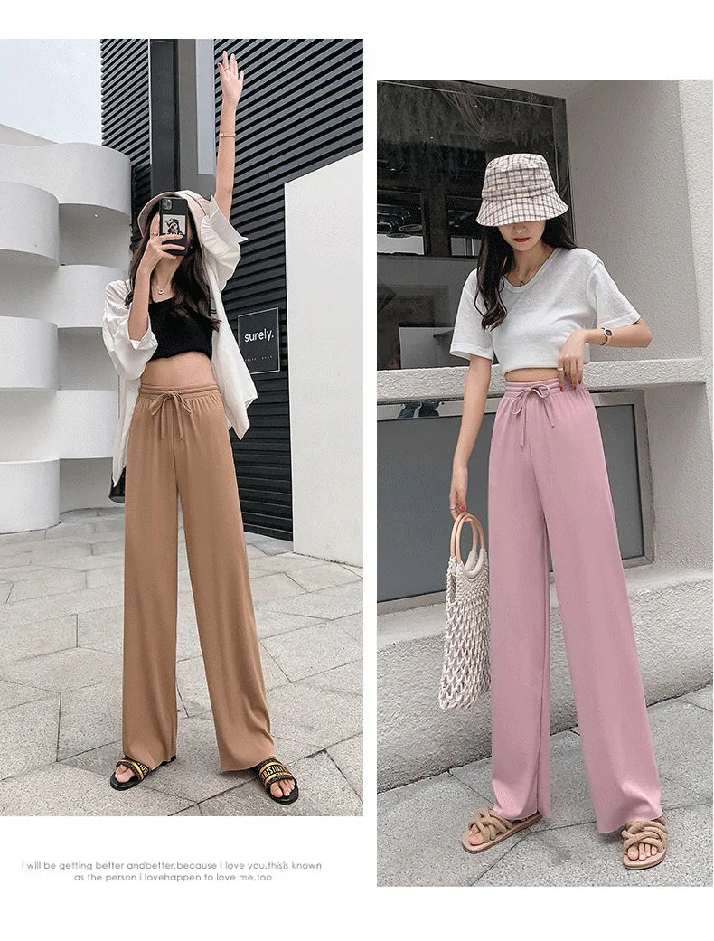 Women Long Pants Spring Summer Straight Long Elastic Waist Wide Leg women long trousers Casual Soft Knitted Pants