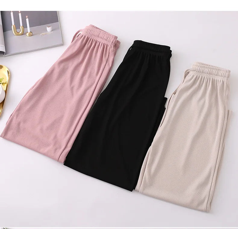 Women Long Pants Spring Summer Straight Long Elastic Waist Wide Leg women long trousers Casual Soft Knitted Pants
