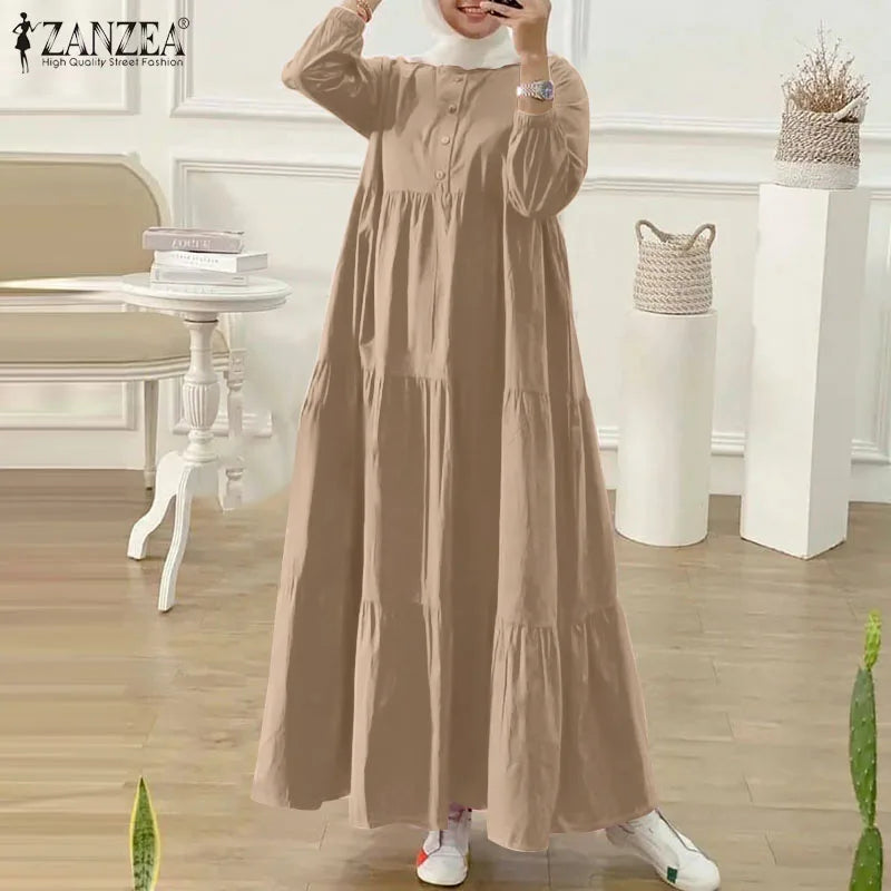 ZANZEA O Neck Casual Loose Maxi Dress Tiered Islamic Hijab Women Long Sleeve Long Vestidos Muslim Fashion Autumn Abaya Robes