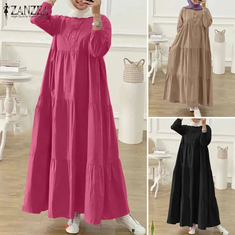 ZANZEA O Neck Casual Loose Maxi Dress Tiered Islamic Hijab Women Long Sleeve Long Vestidos Muslim Fashion Autumn Abaya Robes