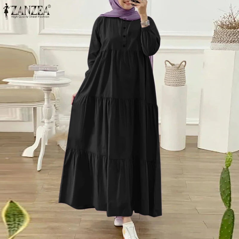 ZANZEA O Neck Casual Loose Maxi Dress Tiered Islamic Hijab Women Long Sleeve Long Vestidos Muslim Fashion Autumn Abaya Robes