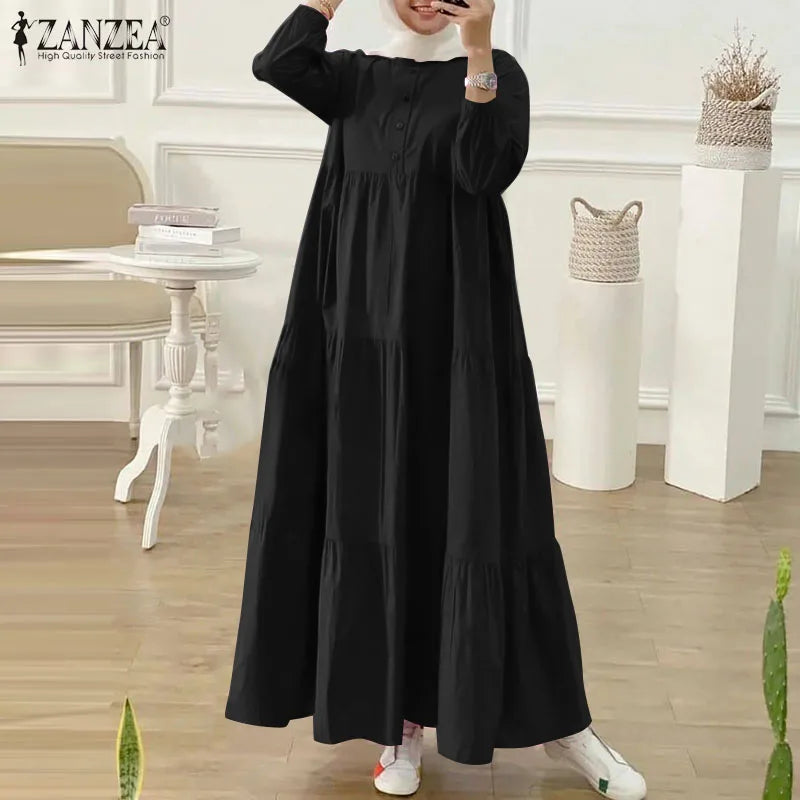 ZANZEA O Neck Casual Loose Maxi Dress Tiered Islamic Hijab Women Long Sleeve Long Vestidos Muslim Fashion Autumn Abaya Robes