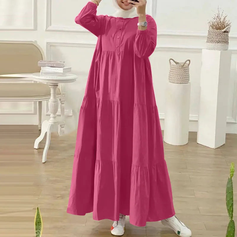 ZANZEA O Neck Casual Loose Maxi Dress Tiered Islamic Hijab Women Long Sleeve Long Vestidos Muslim Fashion Autumn Abaya Robes