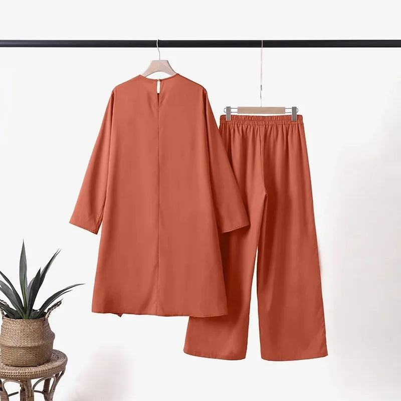 Women Eid Musulman Ensemble Muslim Sets Solid Blouses Wide Leg Pants Ramadan Morocco Two Pieces Dubai Kaftan Loose Modest