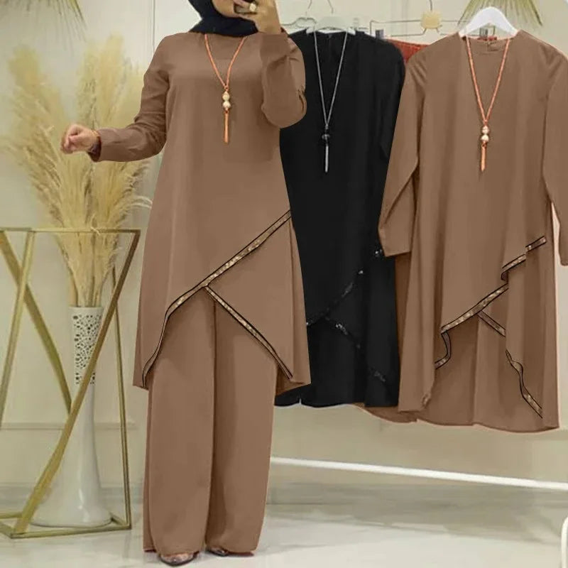 Women Eid Musulman Ensemble Muslim Sets Solid Blouses Wide Leg Pants Ramadan Morocco Two Pieces Dubai Kaftan Loose Modest