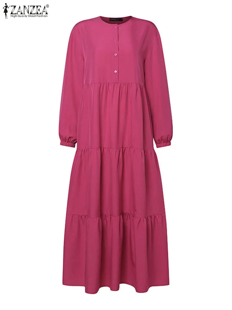 ZANZEA O Neck Casual Loose Maxi Dress Tiered Islamic Hijab Women Long Sleeve Long Vestidos Muslim Fashion Autumn Abaya Robes