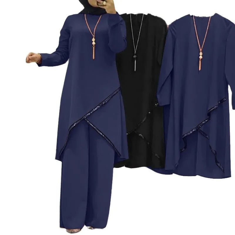 Women Eid Musulman Ensemble Muslim Sets Solid Blouses Wide Leg Pants Ramadan Morocco Two Pieces Dubai Kaftan Loose Modest