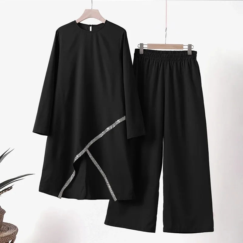 Women Eid Musulman Ensemble Muslim Sets Solid Blouses Wide Leg Pants Ramadan Morocco Two Pieces Dubai Kaftan Loose Modest