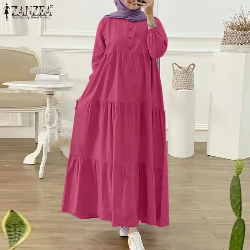 ZANZEA O Neck Casual Loose Maxi Dress Tiered Islamic Hijab Women Long Sleeve Long Vestidos Muslim Fashion Autumn Abaya Robes