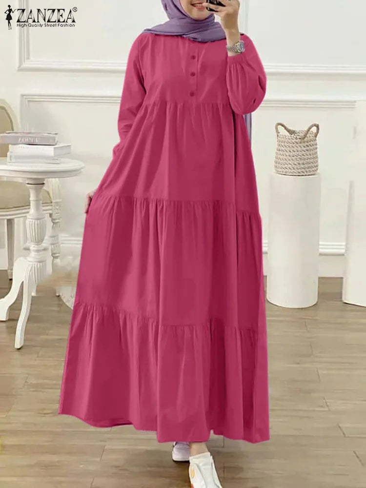 ZANZEA O Neck Casual Loose Maxi Dress Tiered Islamic Hijab Women Long Sleeve Long Vestidos Muslim Fashion Autumn Abaya Robes