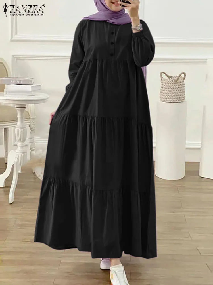 ZANZEA O Neck Casual Loose Maxi Dress Tiered Islamic Hijab Women Long Sleeve Long Vestidos Muslim Fashion Autumn Abaya Robes