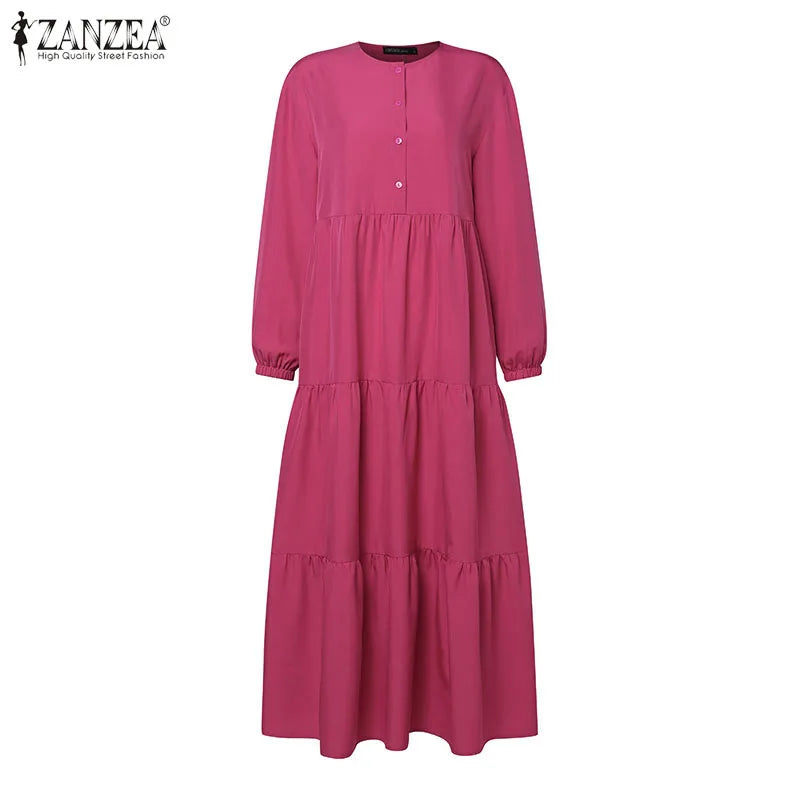 ZANZEA O Neck Casual Loose Maxi Dress Tiered Islamic Hijab Women Long Sleeve Long Vestidos Muslim Fashion Autumn Abaya Robes