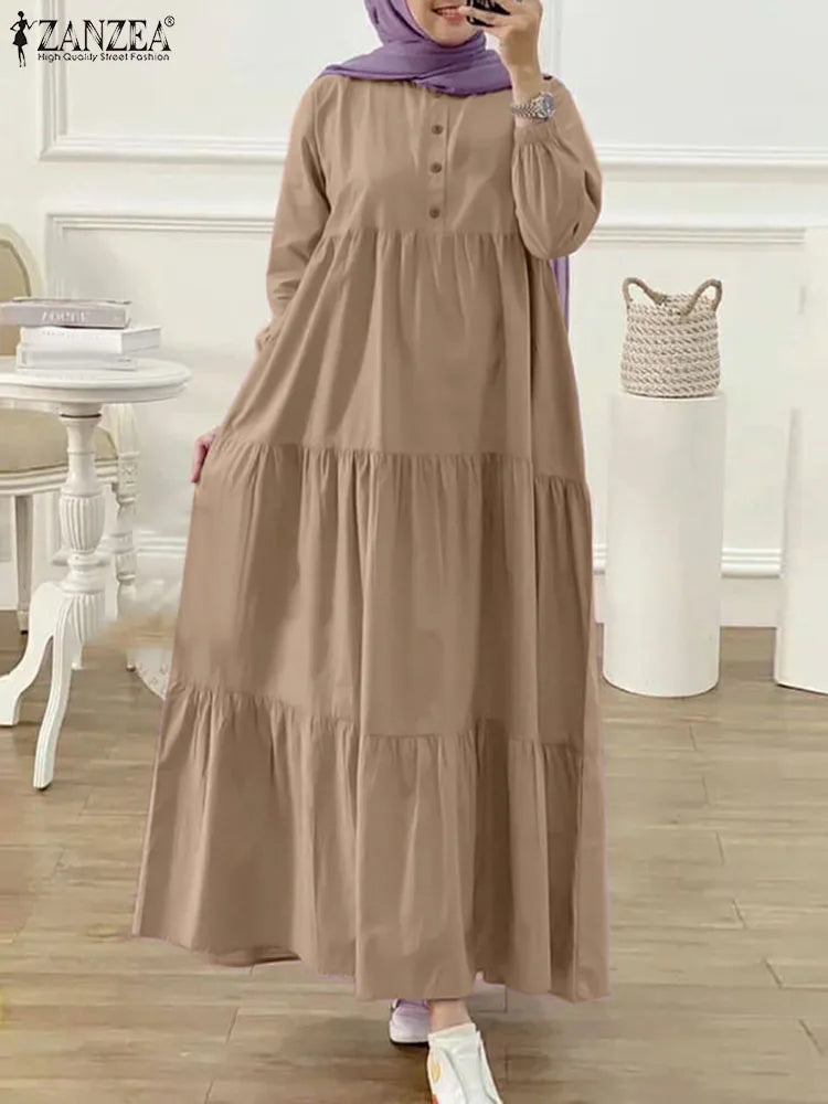 ZANZEA O Neck Casual Loose Maxi Dress Tiered Islamic Hijab Women Long Sleeve Long Vestidos Muslim Fashion Autumn Abaya Robes
