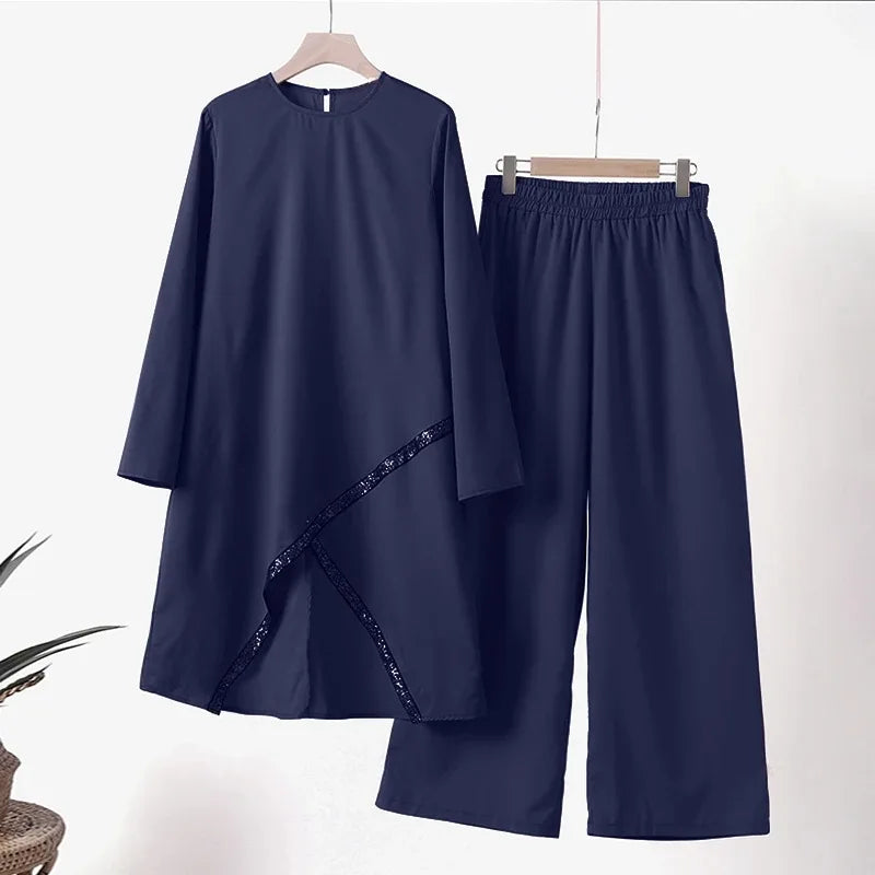 Women Eid Musulman Ensemble Muslim Sets Solid Blouses Wide Leg Pants Ramadan Morocco Two Pieces Dubai Kaftan Loose Modest