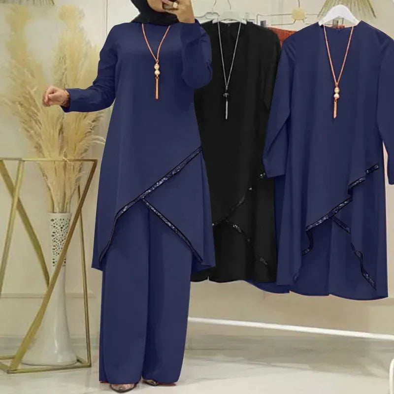 Women Eid Musulman Ensemble Muslim Sets Solid Blouses Wide Leg Pants Ramadan Morocco Two Pieces Dubai Kaftan Loose Modest