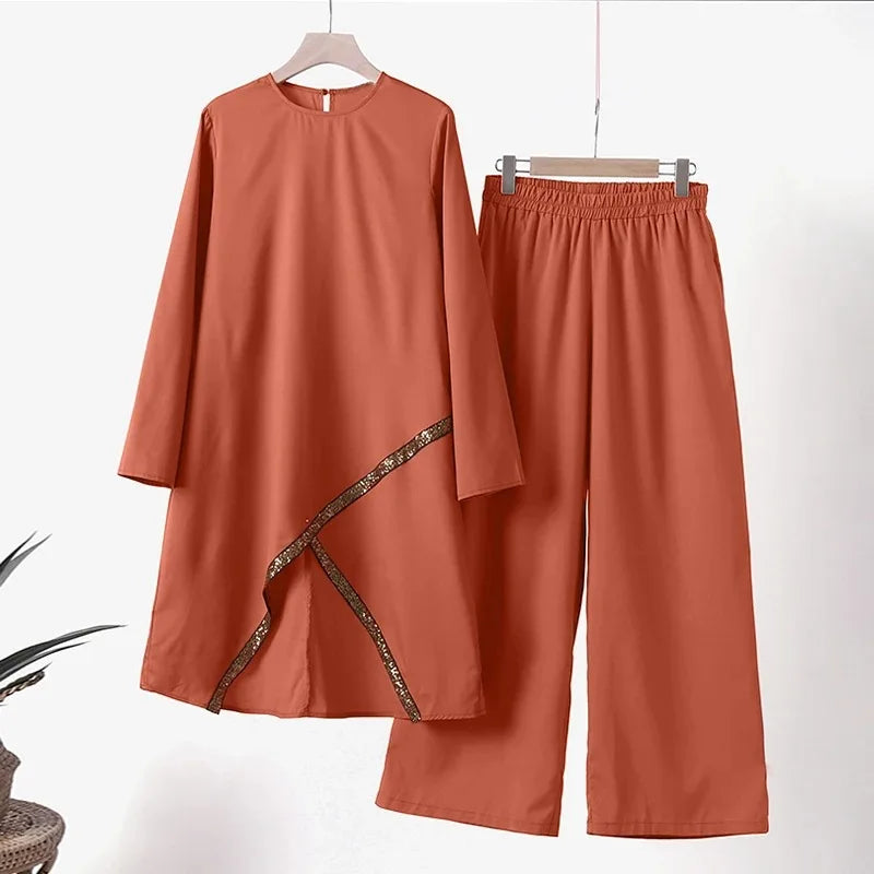 Women Eid Musulman Ensemble Muslim Sets Solid Blouses Wide Leg Pants Ramadan Morocco Two Pieces Dubai Kaftan Loose Modest
