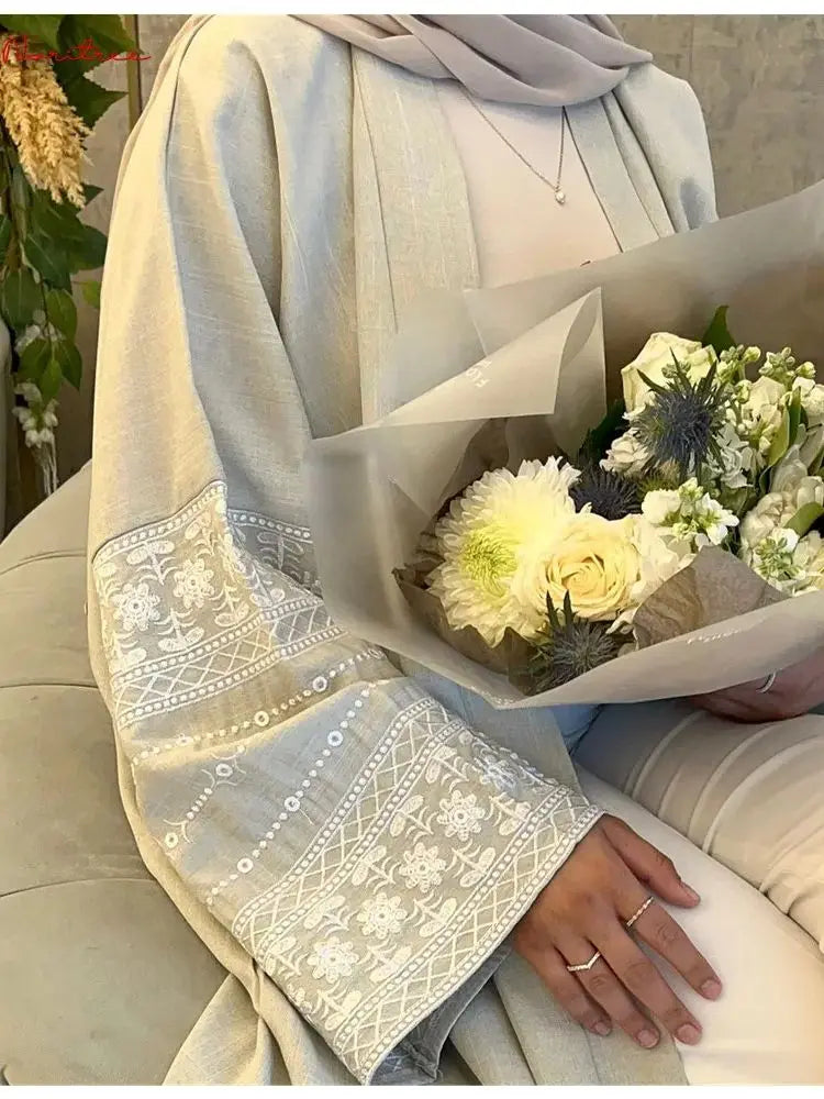 Fashion Embroidery Kimono Oversized Muslim Robe Syari Female Full Length Muslim Outerwear Worship Service Abaya With Belt wy1946