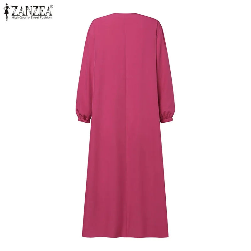 ZANZEA O Neck Casual Loose Maxi Dress Tiered Islamic Hijab Women Long Sleeve Long Vestidos Muslim Fashion Autumn Abaya Robes