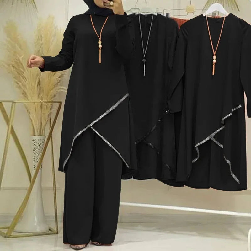 Women Eid Musulman Ensemble Muslim Sets Solid Blouses Wide Leg Pants Ramadan Morocco Two Pieces Dubai Kaftan Loose Modest