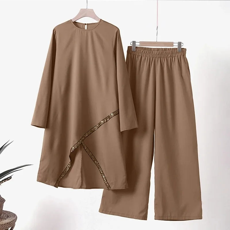 Women Eid Musulman Ensemble Muslim Sets Solid Blouses Wide Leg Pants Ramadan Morocco Two Pieces Dubai Kaftan Loose Modest